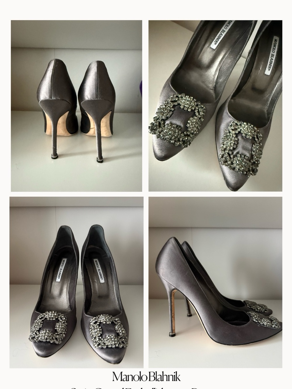 Manolo Blahnik Gunmetal Satin Crystal-Buckle Pointed-Toe Pumps
